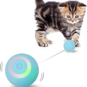 Mkitnvy Interactive Cat Toy Ball, Cat Ball with LED Light, 360° Self-Rotating Electronic Cat Ball, Stimulation Hunting Instinct, Funny Balls Toy for Cats, Blue