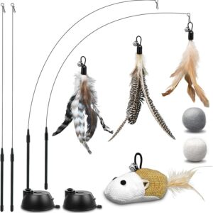 Rosaui Cat Toy, Pack of 12 Cat Fishing Rod with 2 Suction Cups