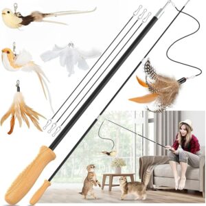 ROSAUI 2 x cat fishing rod, long, interactive cat toy with 2 birds and 3 feathers, cat toy for kittens, cat toys, stable, 107 cm